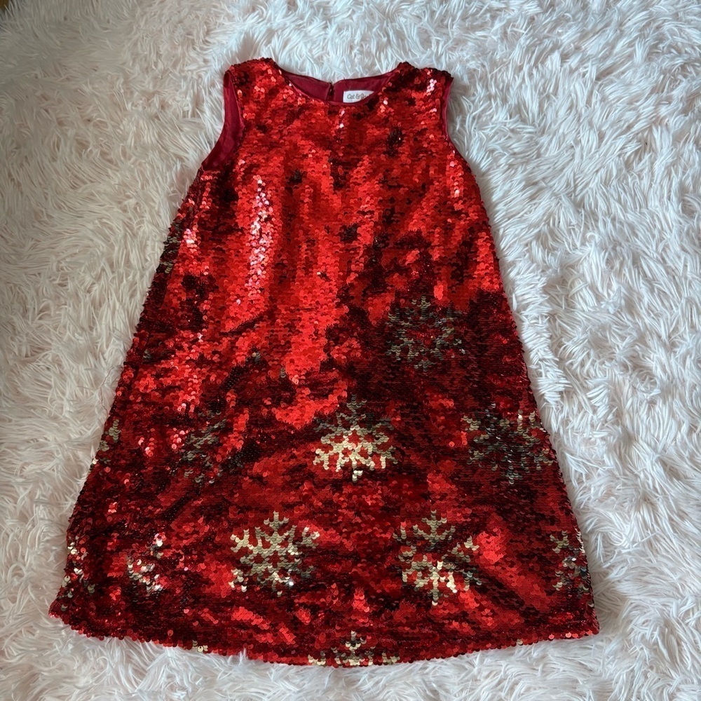 Cat & Jack Red Sequin Dress Silver Snowflakes Reversible 6/6X Small Christmas